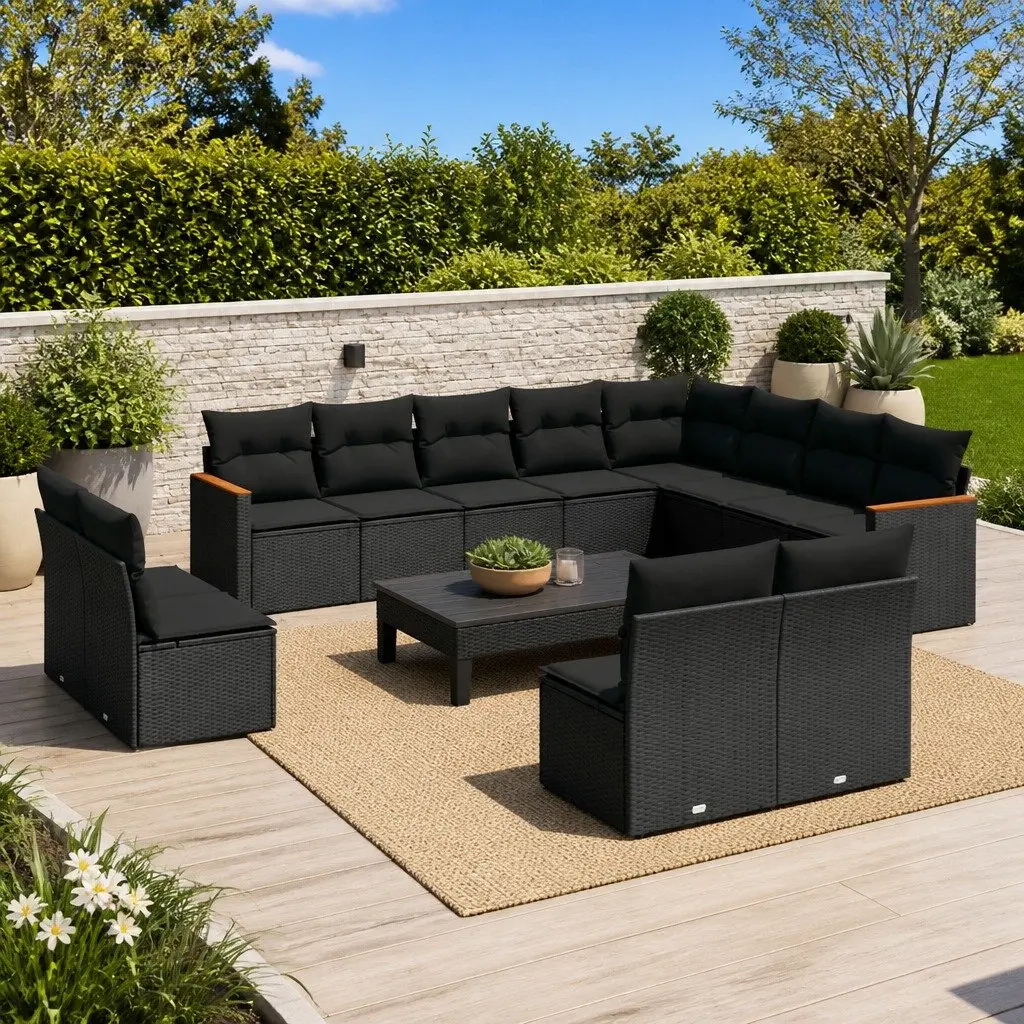 Modular Black Poly Rattan 12-Piece Garden Sofa Set