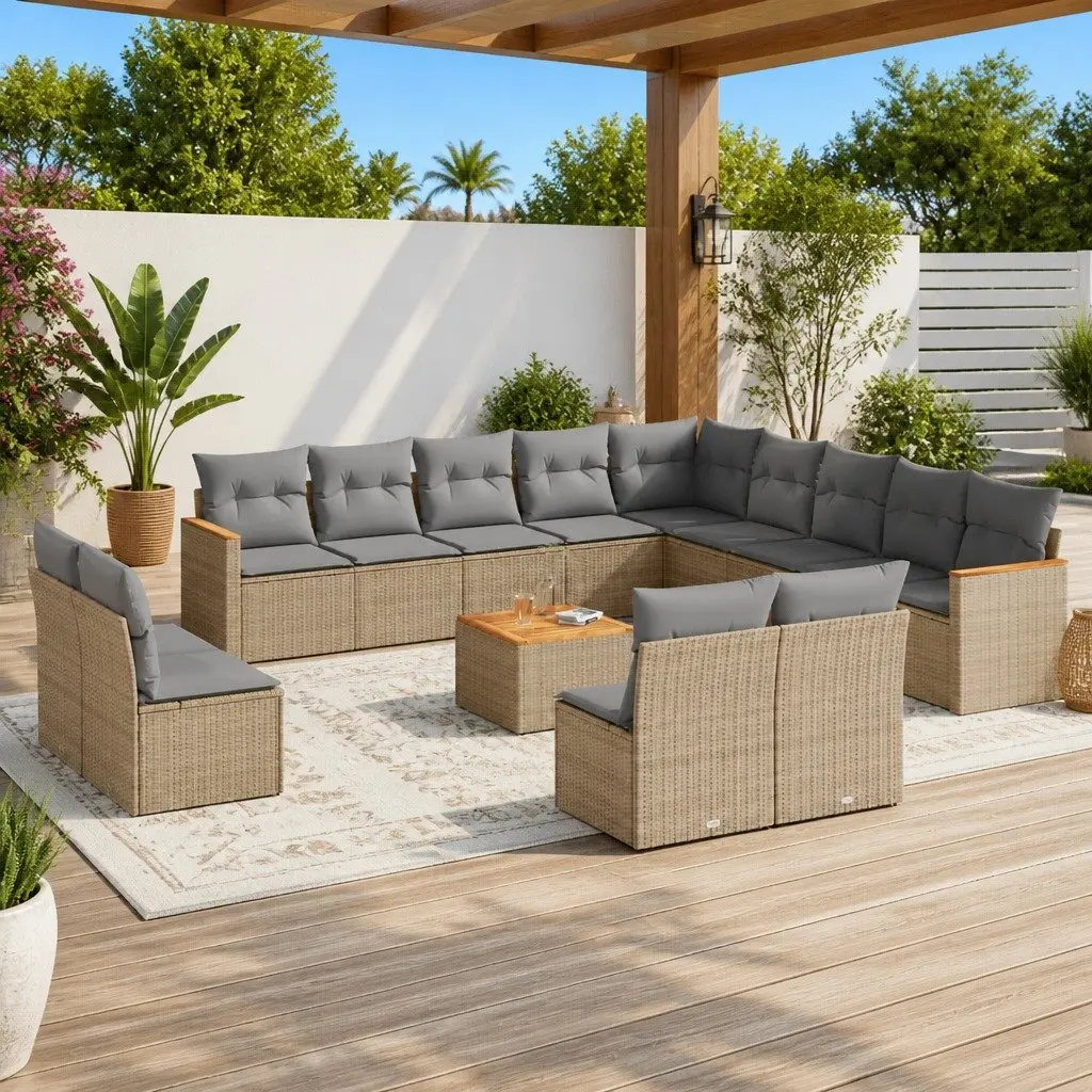 Garden Sofa Set 14 Piece Outdoor Furniture Beige Poly Rattan Patio Sectional