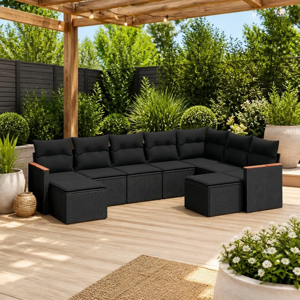 9 Piece Black Rattan Garden Sofa Set