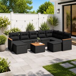 Black 10-Piece Outdoor Garden Sofa Set with Cushions