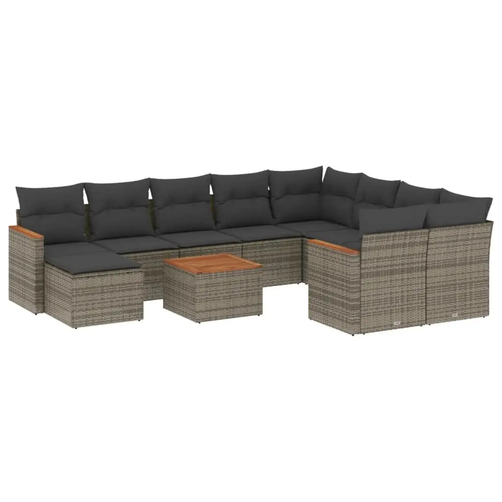 Garden Sofa Set PE Rattan Acacia Wood 11 Piece Grey Outdoor Furniture Patio Seating with Cushions