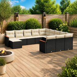 Durable 12-Piece Black Poly Garden Sofa Set with Cushions