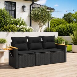 3-Piece Black Poly Rattan Garden Sofa Set with Cushions