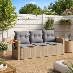 Beige Poly Rattan 3 Piece Garden Sofa Set with Cushions