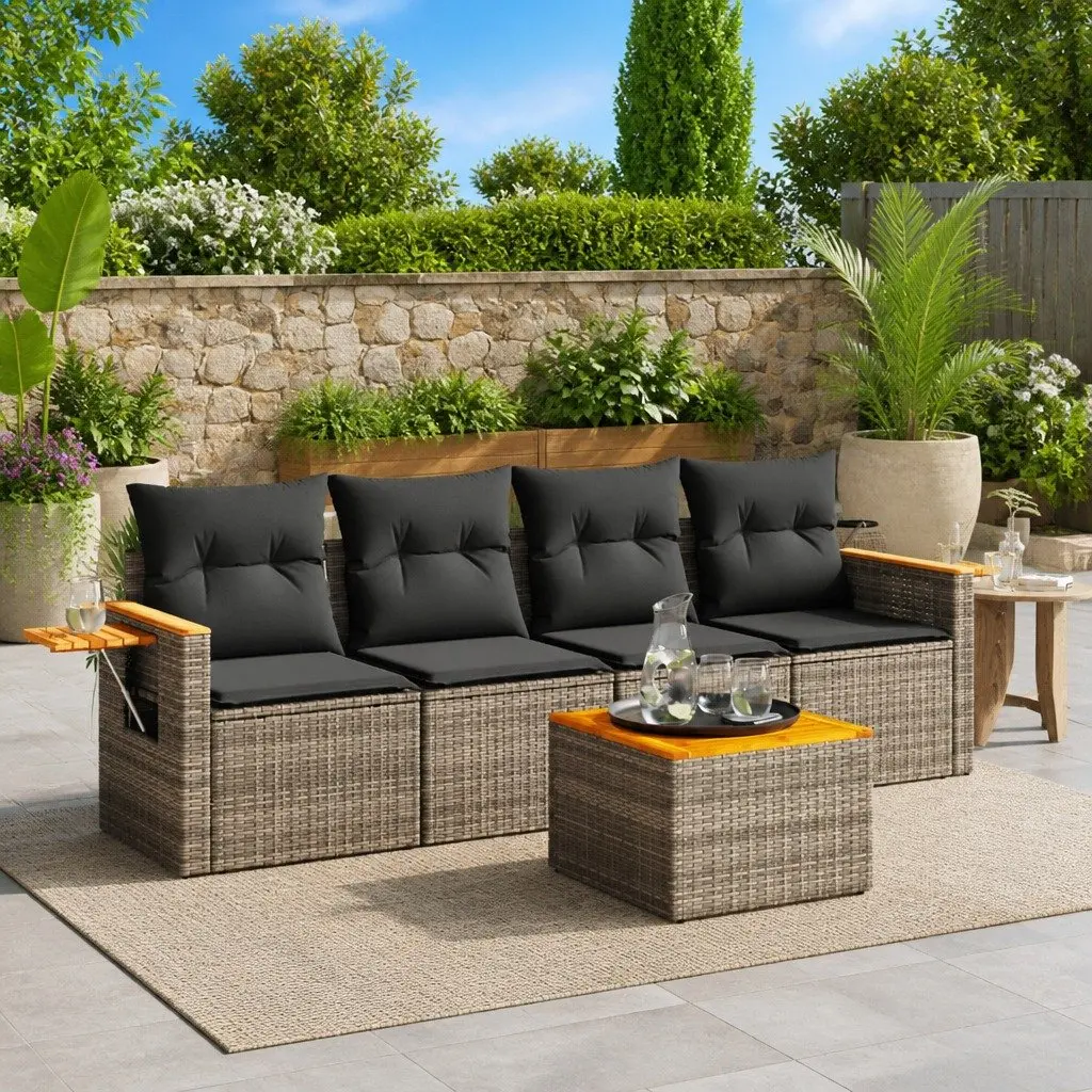 5-Piece Grey Poly Rattan Garden Sofa Set