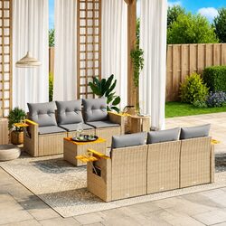 Premium 7 Piece Beige Garden Sofa Set with Cushions