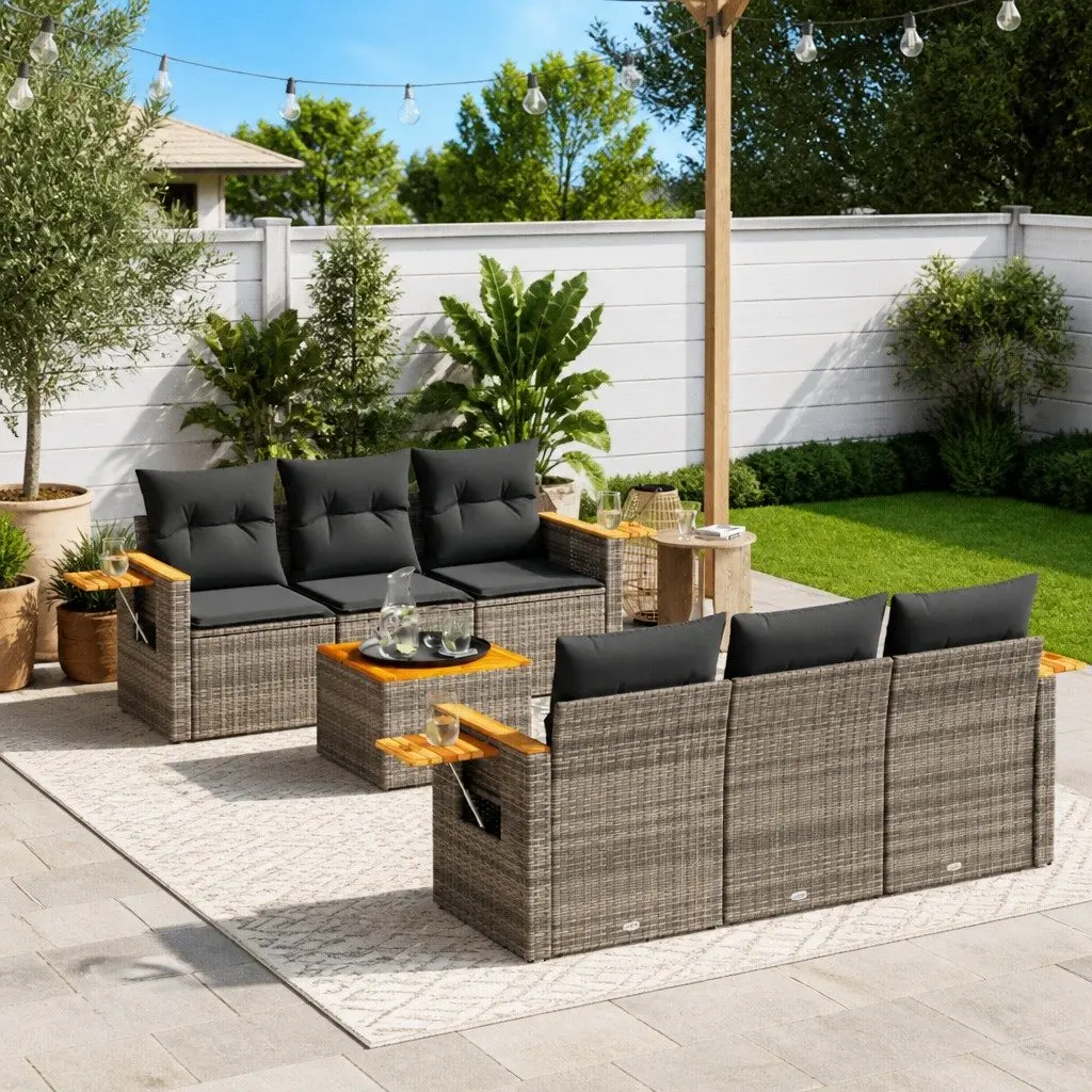 Garden Sofa Set PE Rattan 7 Piece Outdoor Furniture Patio Grey with Cushions