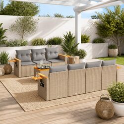 Beige Poly Rattan 8 Piece Garden Sofa Set with Cushions