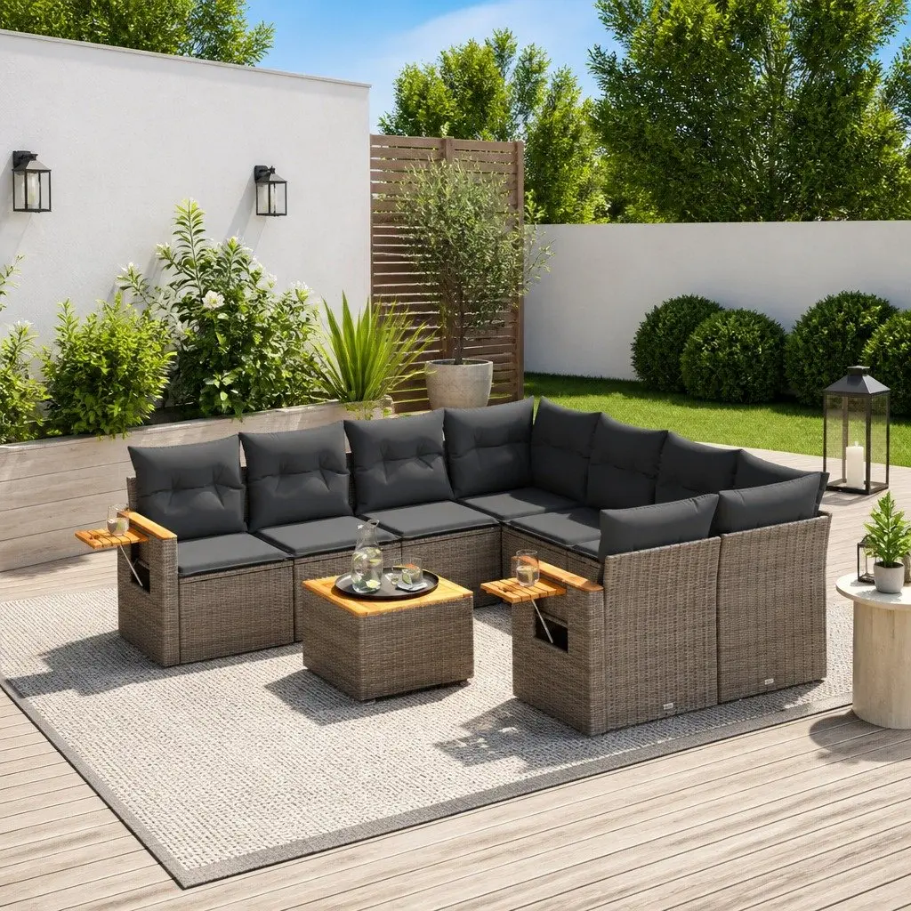Garden Sofa Set PE Rattan 9 Piece Modular Storage Grey Outdoor Furniture