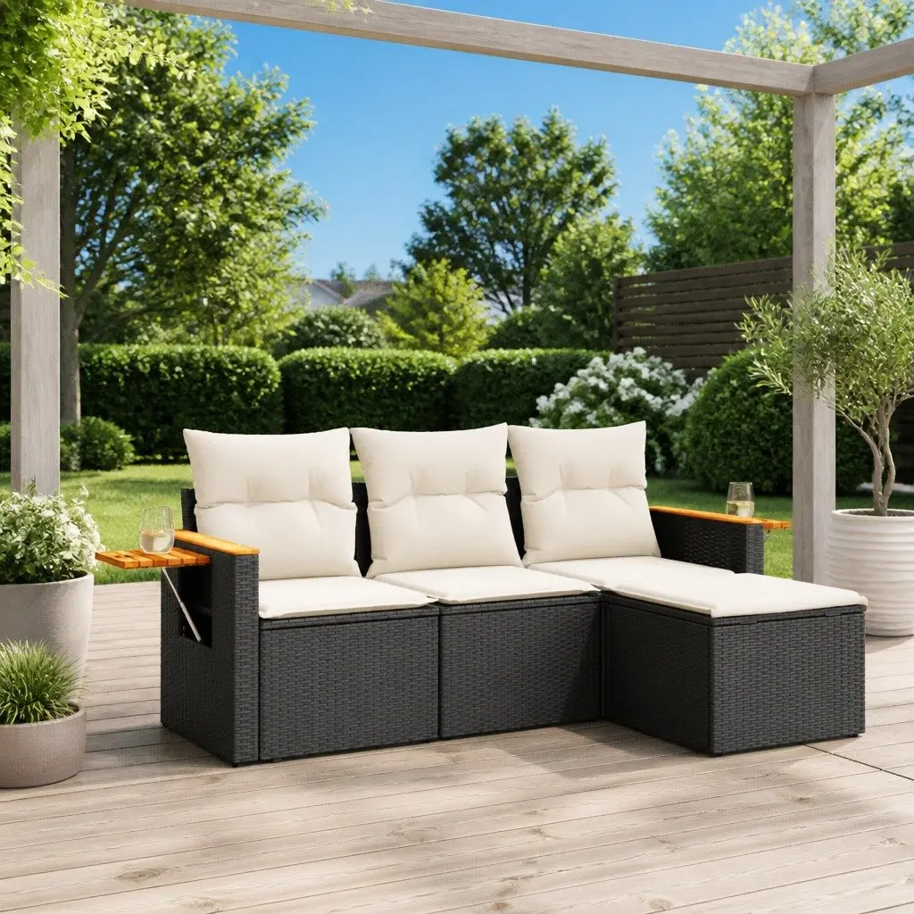 Garden Sofa Set PE Rattan 4 Piece Outdoor Furniture Black with Cushions