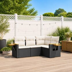 4-Piece Black Poly Rattan Outdoor Garden Sofa Set