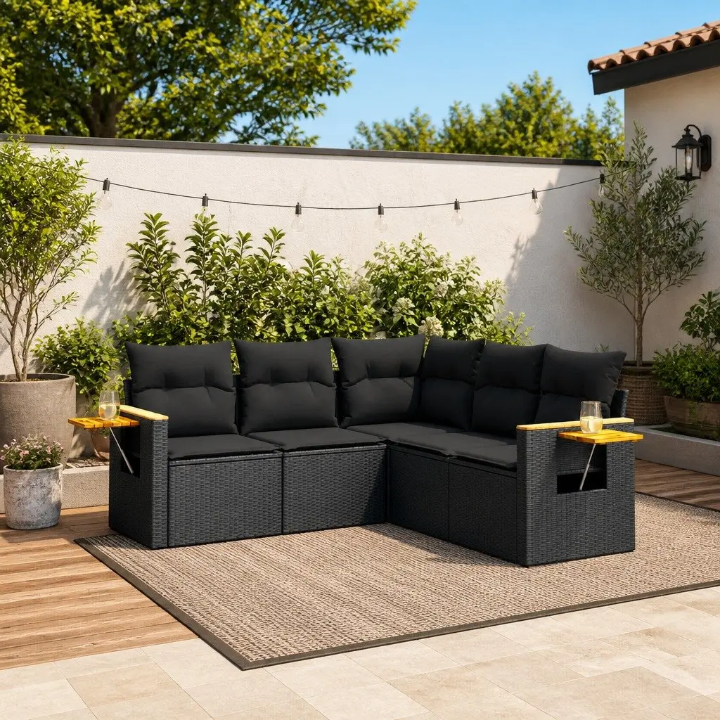 Garden Sofa Set PE Rattan 5 Piece Black Outdoor Furniture