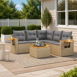 6-Piece Beige Poly Rattan Garden Sofa Set for Outdoor Use