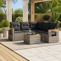 6-Piece Grey Poly Rattan Garden Sofa Set with Cushions