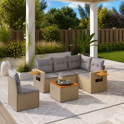 6 Piece Beige Poly Rattan Garden Sofa Set for Outdoors