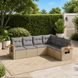 Beige Poly Rattan 6 Piece Outdoor Sofa Set with Storage