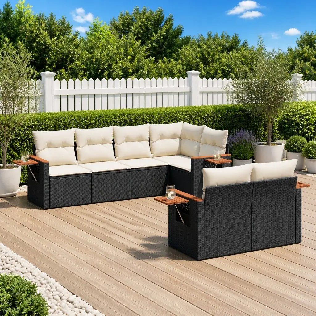 Garden Sofa Set PE Rattan 7 Piece Outdoor Furniture Black with Storage