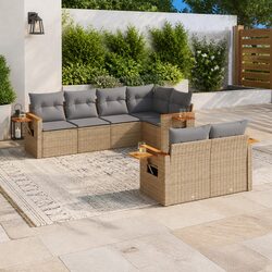 7-Piece Beige Poly Rattan Garden Sofa Set with Cushions