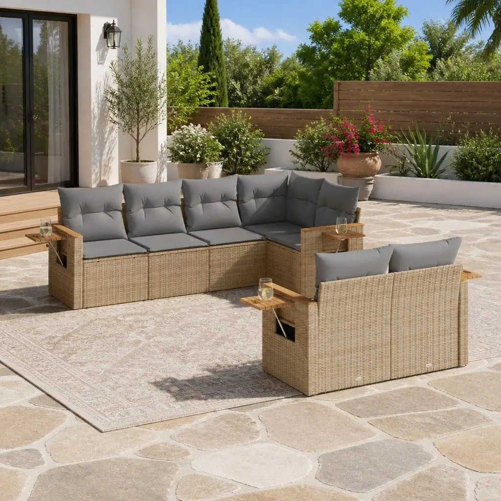 7 Piece Garden Sofa Set PE Rattan Modular Grey Outdoor Furniture with Storage