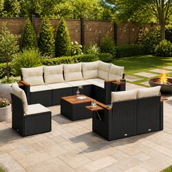 9-Piece Black Poly Rattan Outdoor Garden Sofa Set