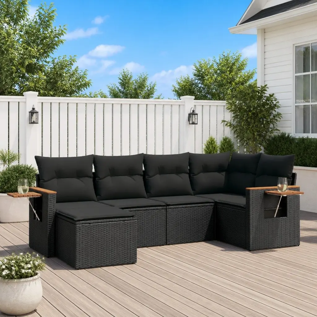 6-Piece Black Poly Rattan Modular Garden Sofa Set