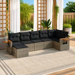 7-Piece Grey Poly Rattan Garden Sofa Set with Storage