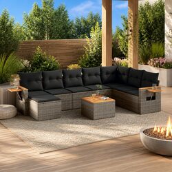 9-Piece Grey Poly Rattan Garden Sofa Set for Outdoors