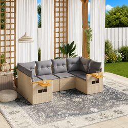 Premium 6 Piece Beige Poly Rattan Garden Sofa Set