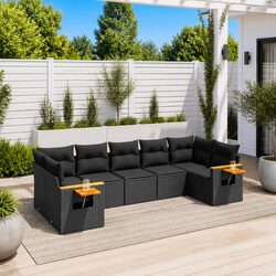 7-Piece Durable Black Poly Rattan Garden Sofa Set