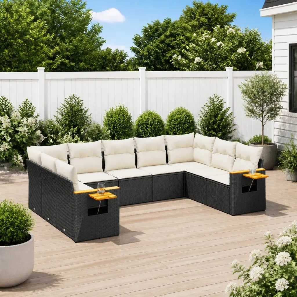 9 Piece Black Poly Rattan Garden Sofa Set