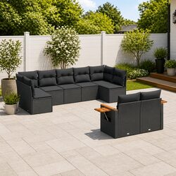 Durable 9 Piece Black Garden Sofa Set with Cushions