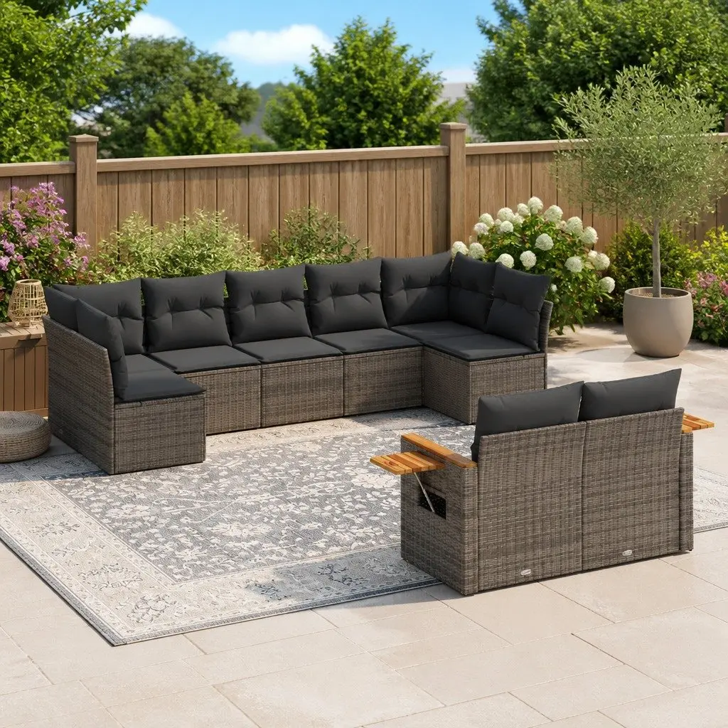 9-Piece Grey Poly Rattan Garden Sofa Set