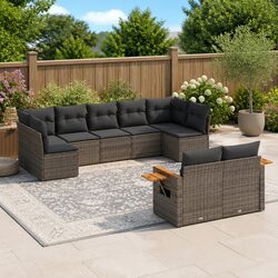 9-Piece Grey Poly Rattan Garden Sofa Set