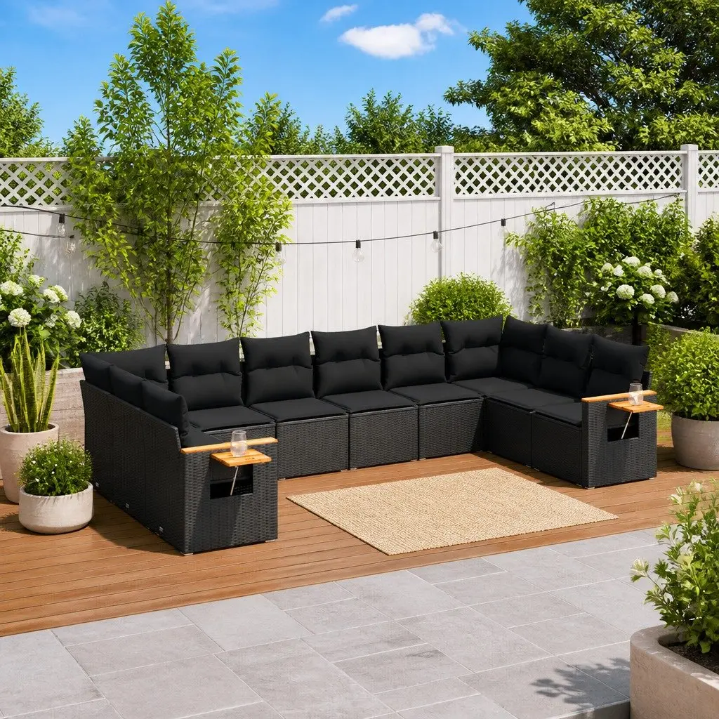 10 Piece Modular Black Poly Rattan Sofa Set