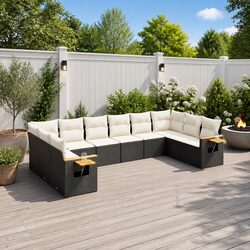 10-Piece Black Poly Rattan Garden Sofa Set