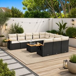 11-Piece Black Poly Rattan Outdoor Sofa Set with Cushions