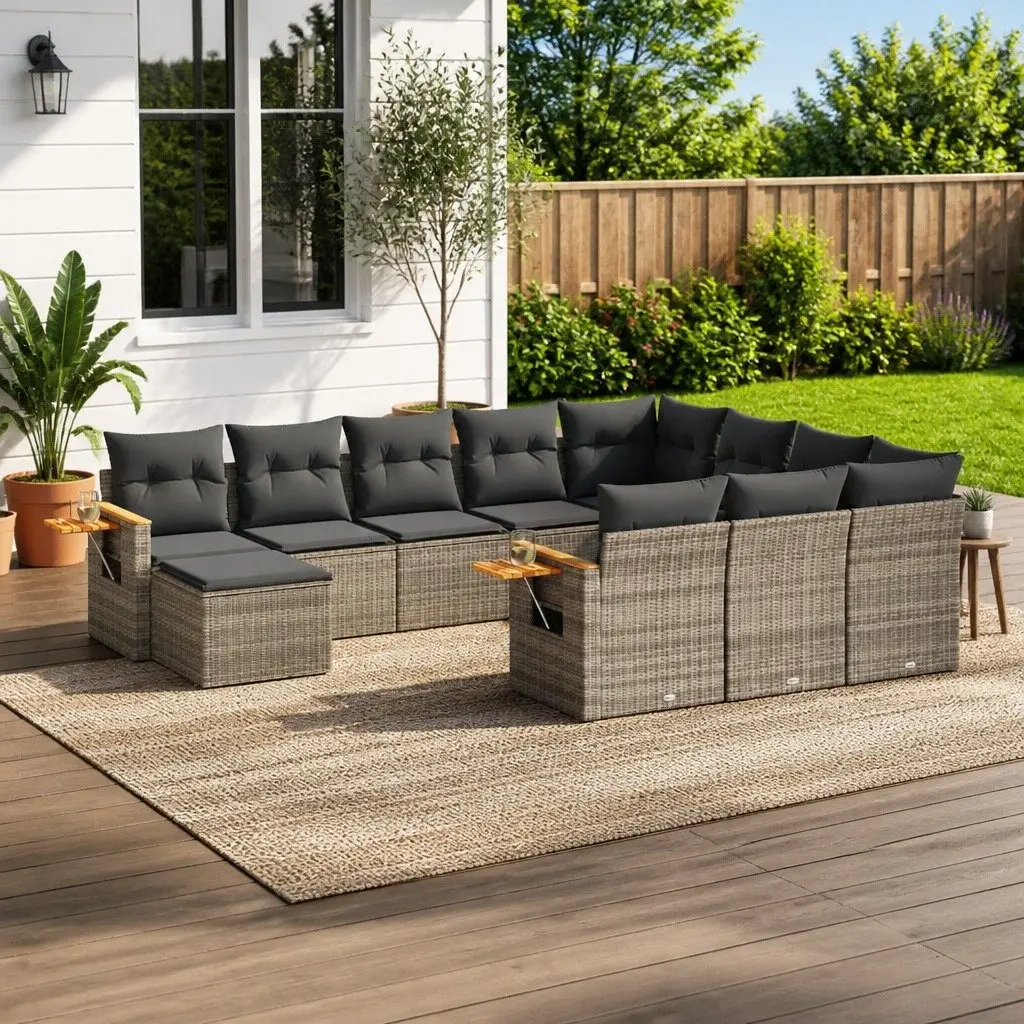 Outdoor Garden Sofa Set PE Rattan 11 Piece Grey Patio Furniture with Cushions
