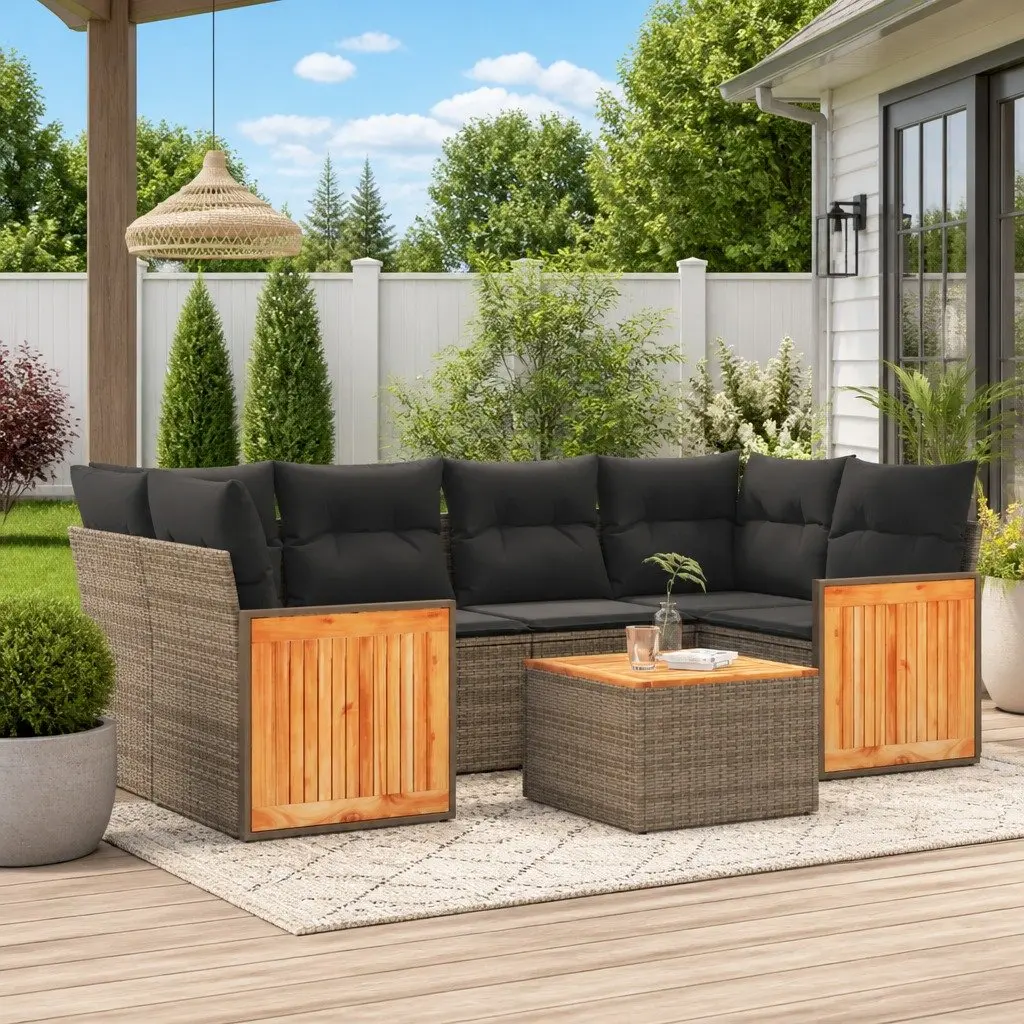 Garden Sofa Set PE Rattan 7 Piece Outdoor Furniture Grey with Cushions and Acacia Wood Tabletop