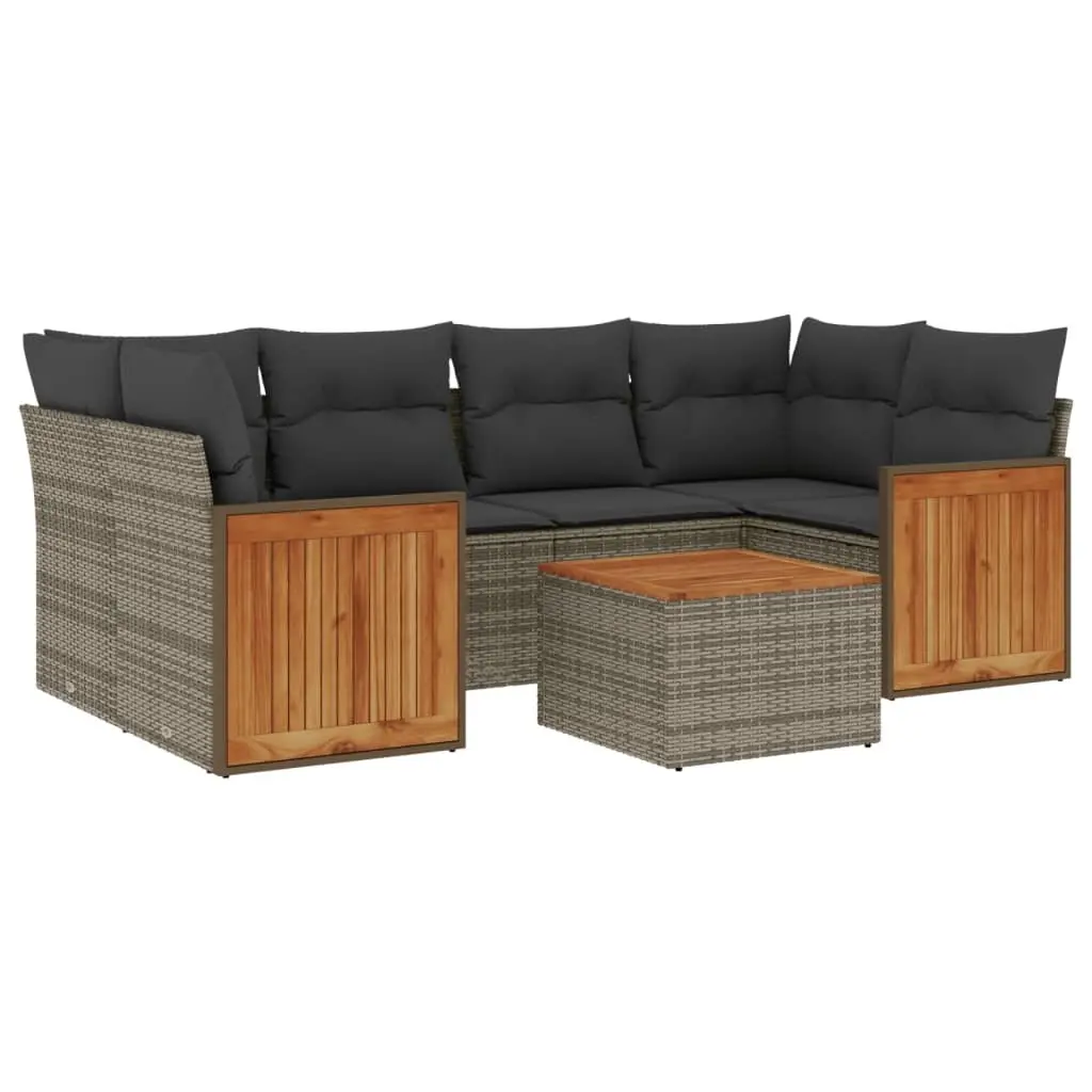 Garden Sofa Set PE Rattan 7 Piece Outdoor Furniture Grey with Cushions and Acacia Wood Tabletop
