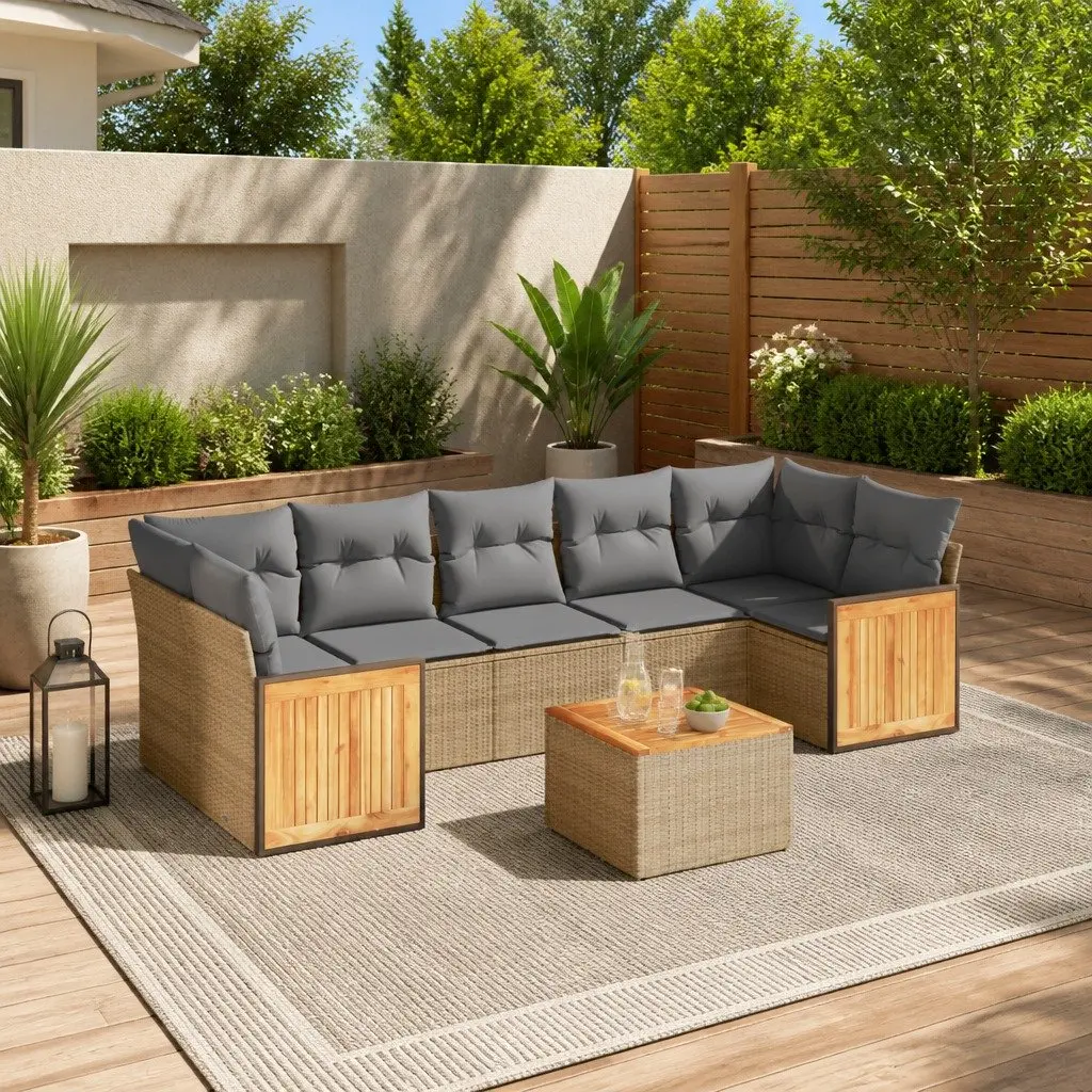 Garden Sofa Set 8 Piece PE Rattan Beige Outdoor Furniture with Cushions and Acacia Wood Table Top