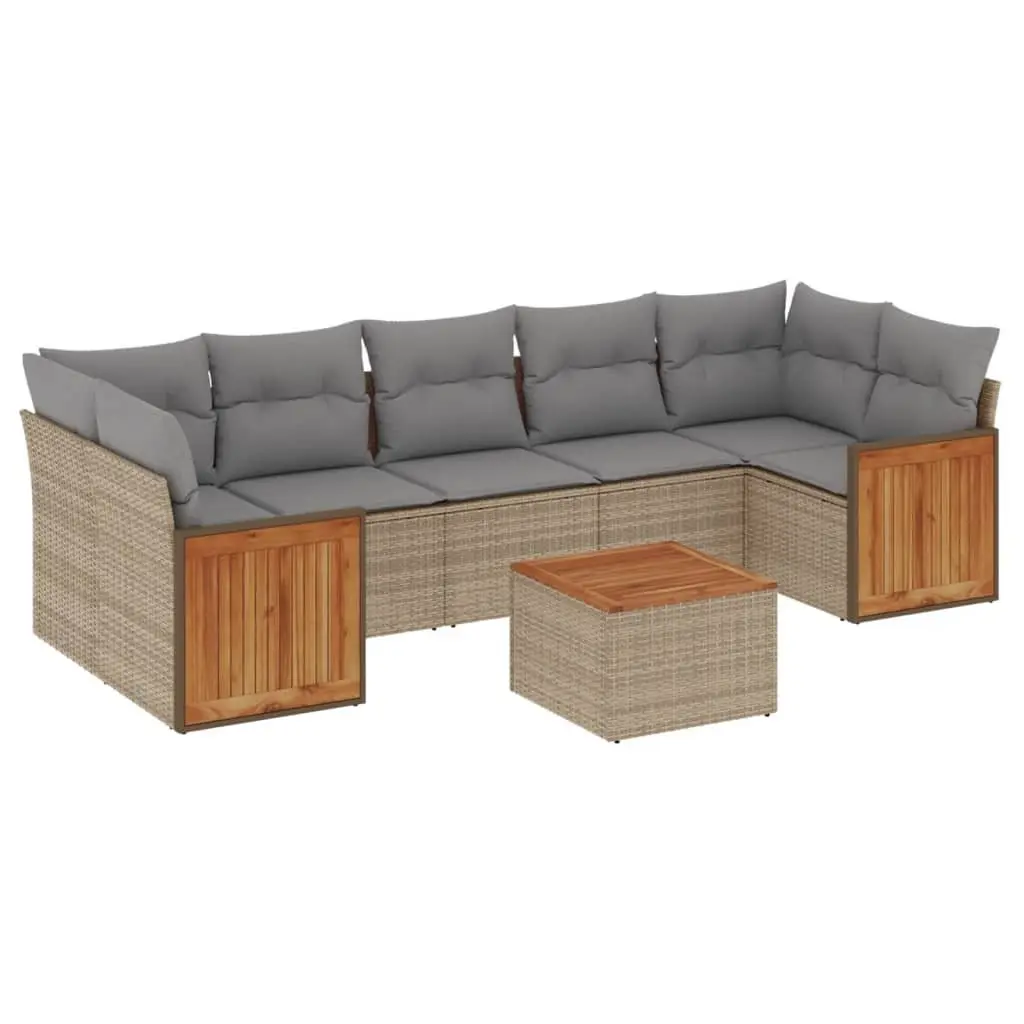 Garden Sofa Set 8 Piece PE Rattan Beige Outdoor Furniture with Cushions and Acacia Wood Table Top