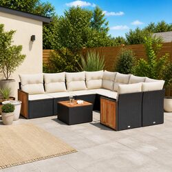 9 Piece Black Poly Rattan Outdoor Sofa Set with Cushions
