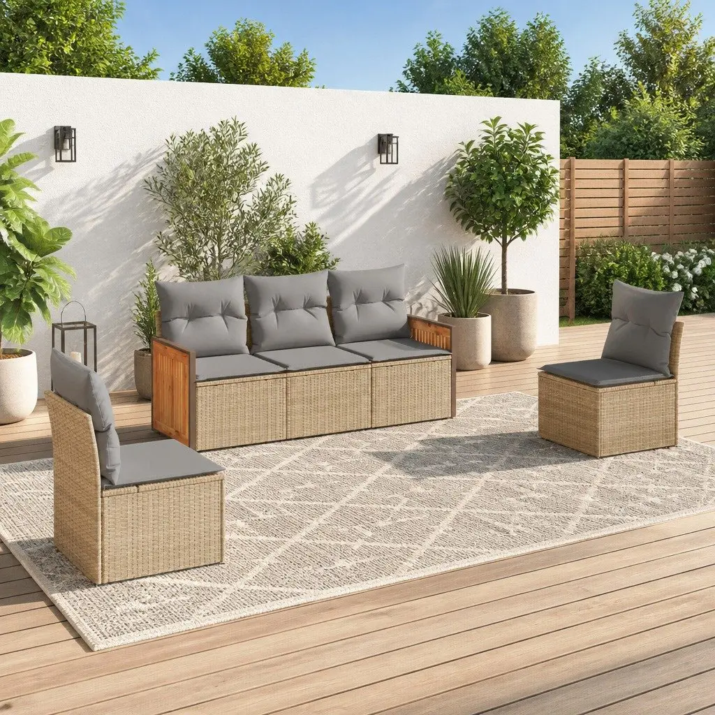 Outdoor Sofa Set PE Poly Rattan 5 Piece Beige Patio Furniture