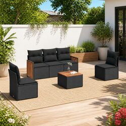 Black Modular 6 Piece Garden Sofa Set with Acacia Tabletop