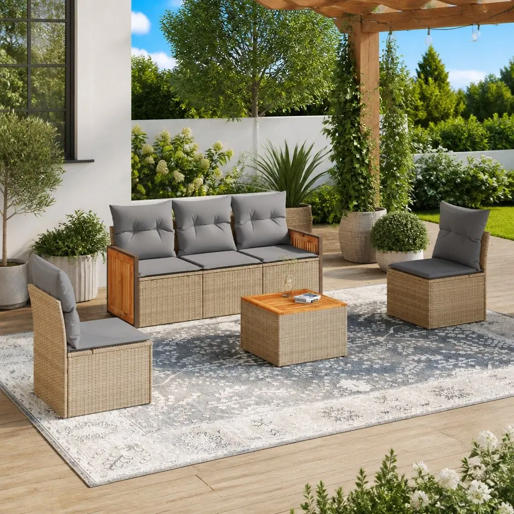 Beige Poly Rattan 6-Piece Garden Sofa Set for Outdoors