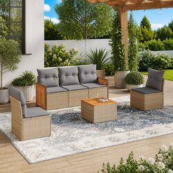 Beige Poly Rattan 6-Piece Garden Sofa Set for Outdoors