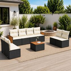 9-Piece Black Poly Rattan Garden Sofa Set