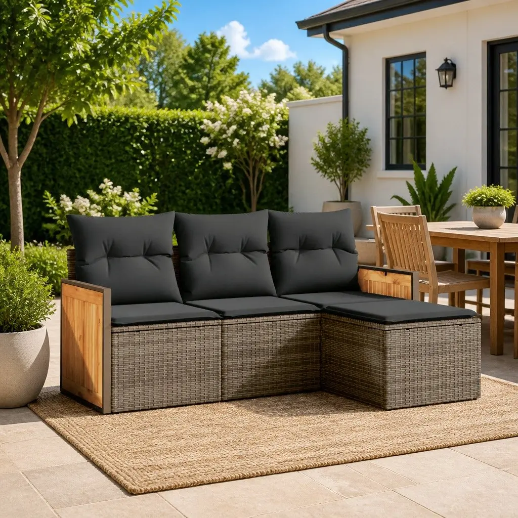 Garden Sofa Set PE Rattan 4 Piece Outdoor Furniture Grey with Cushions