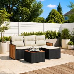 5-Piece Black Poly Rattan Garden Sofa Set with Cushions