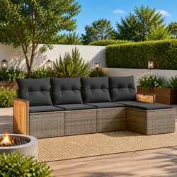 Durable 5-Piece Grey Poly Rattan Garden Sofa Set